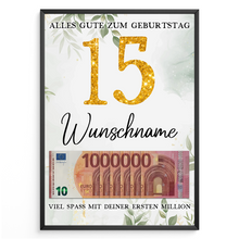 Laden Sie das Bild in den Galerie-Viewer, Personalisiertes Geldgeschenk zum 15. Geburtstag Frauen Männer Geburtstagsgeschenk Geld Geschenkidee personalisierbar
