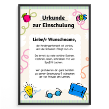 Laden Sie das Bild in den Galerie-Viewer, Personalisierte Urkunde zur Einschulung Schulkind Geschenkidee Schulanfang
