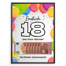 Laden Sie das Bild in den Galerie-Viewer, Geldgeschenk zum 18. Geburtstag Jungen &amp; Mädchen | Deine erste Million | Lustiges Geburtstagsgeschenk Witzige Geschenkidee Geld kreativ verschenken Sohn Tochter 18 Jahre Geschenk
