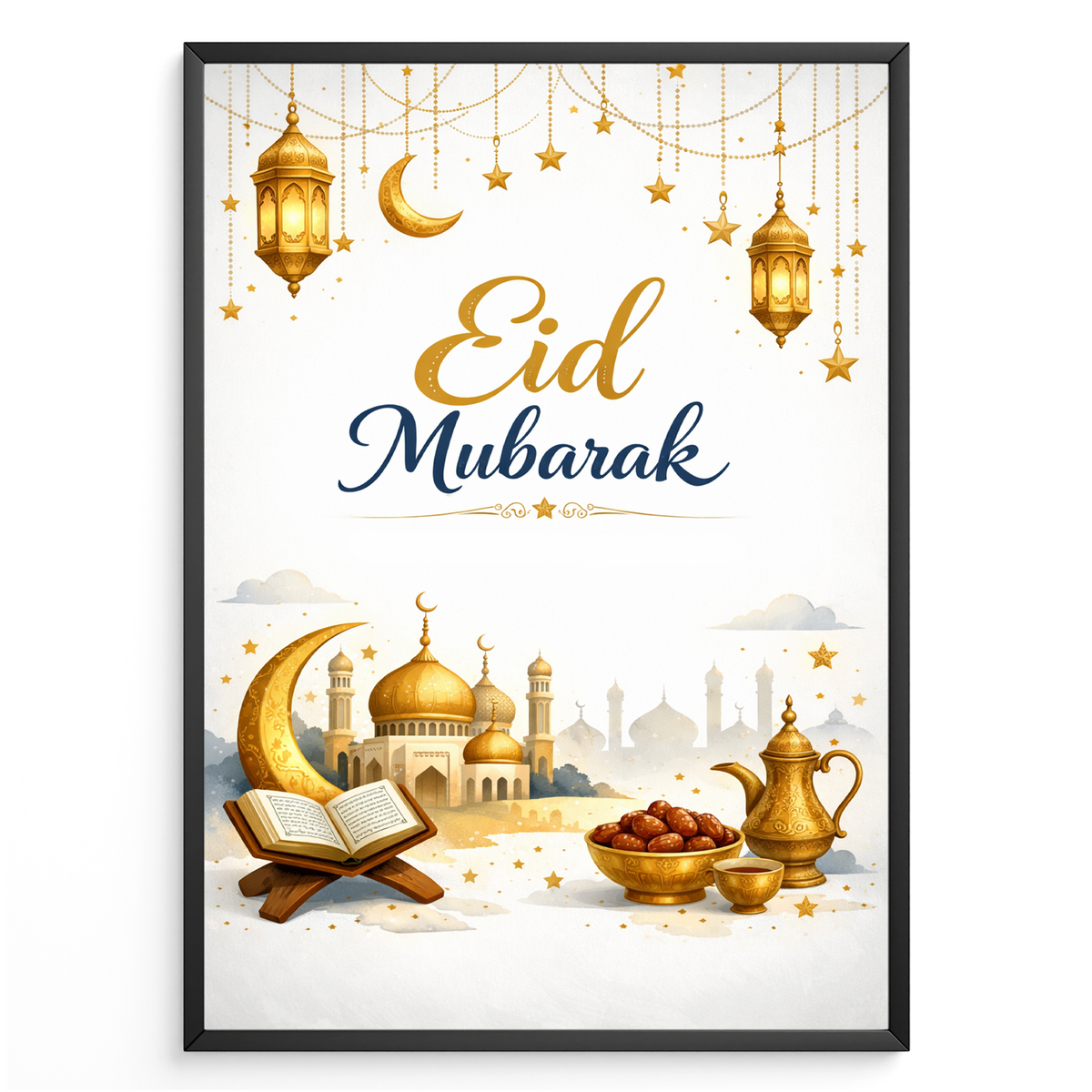 Eid Mubarak Poster – Elegantes Wandbild mit Moschee, Mond & Laternen – Stilvolle Dekoration zum Zuckerfest