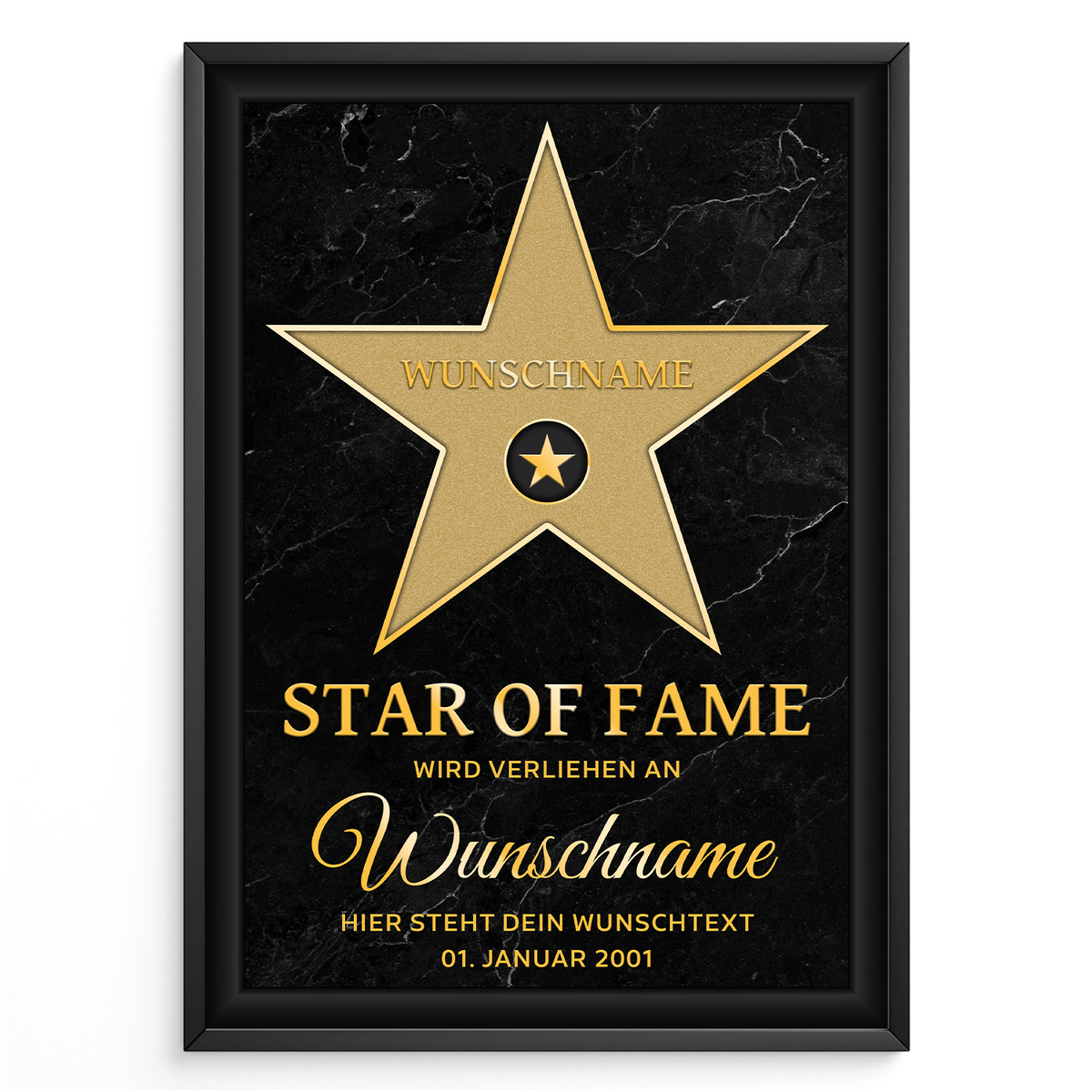 Personalisiertes Star of Fame Poster Gold Design – Hollywood Stern mit Name – Wunschtext & Datum – Edles Geschenk Geburtstag, Jubiläum, Auszeichnung