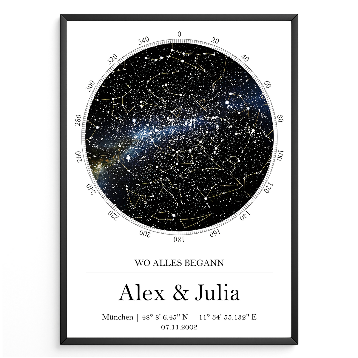 Personalisierte Sternenkarte Poster – Sternenhimmel mit Datum & Ort Koordinaten – Wo alles begann Geschenk für Paare, Hochzeit, Jahrestag, Liebe Sternbilder Astronomie Hochzeitstag