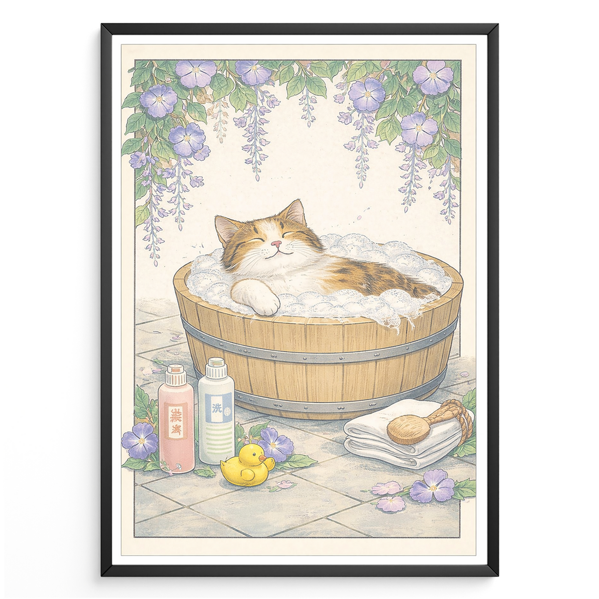 Japanisches Katzen Poster – Zen Spa Japandi Wandbild für Bad & Wohnzimmer