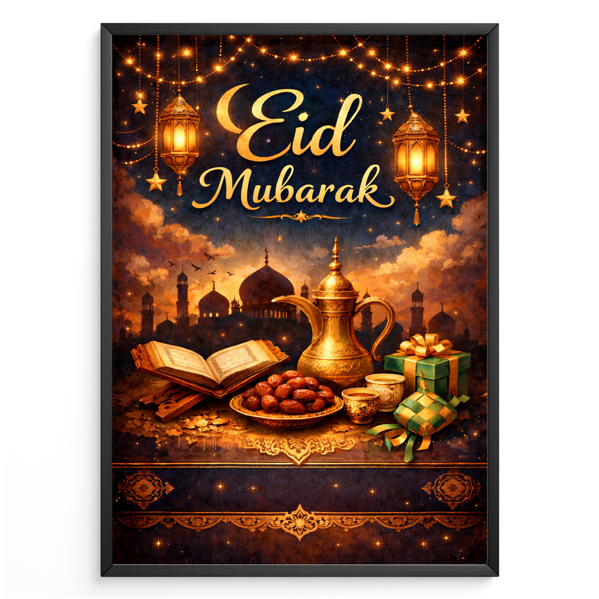 Eid Mubarak Poster – Festliches Wandbild mit Laternen, Mond & Moschee – Elegante Dekoration zum Zuckerfest
