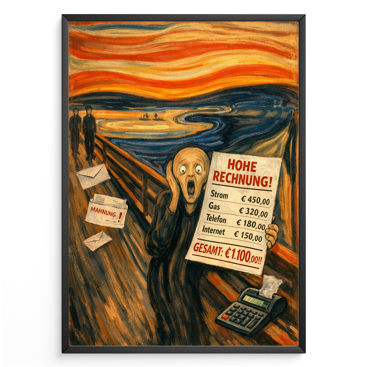 Der Schrei Parodie Poster – Lustige Wanddeko mit Rechnung & Geld Stress, Humorvolles Kunst Poster über hohe Kosten, Geschenk Idee für Büro & Wohnzimmer