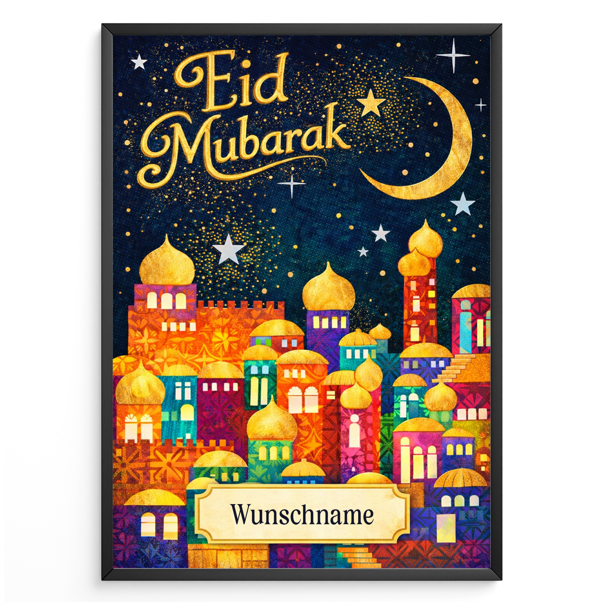 Personalisiertes Eid Mubarak Poster – Orientalisches Wandbild mit Mond & Sternen – Festliche Dekoration zum Zuckerfest