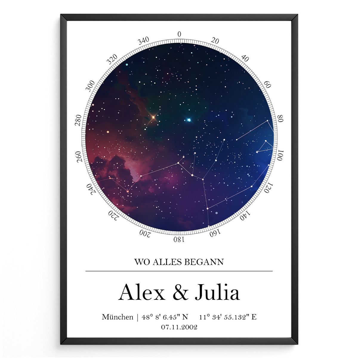 Personalisierte Sternenhimmel Poster – Sternkarte mit Datum & Ort Koordinaten – Wo alles begann Geschenk für Paare, Hochzeit, Jahrestag, Liebe Sternbilder Astronomie Hochzeitstag