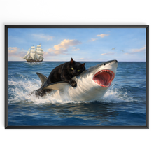 Laden Sie das Bild in den Galerie-Viewer, Katze &amp; Hai Poster – Lustiges Fantasy Wandbild, Geschenk für Katzenliebhaber
