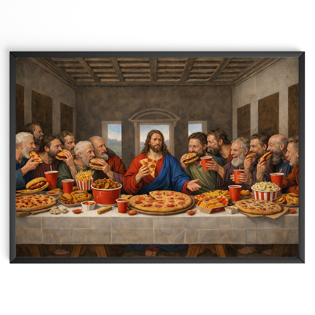 Das letzte Abendmahl Poster – Lustige Pizza Parodie Wanddeko für Küche