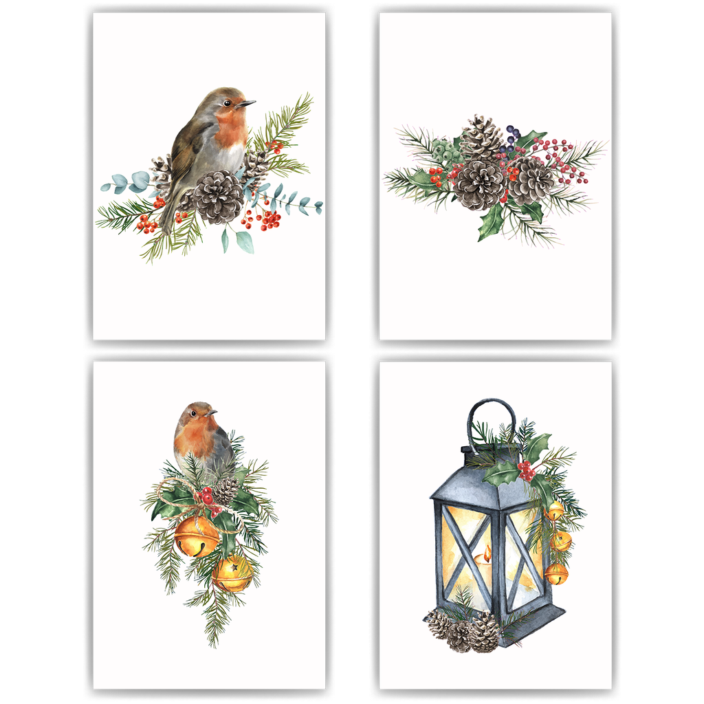 Nadelbaum Zapfen Vogel Weihnachten DIN A4 Weihnachtsbilder Weihnachtsposter Weihnachtsdeko Wandbilder 4er Set
