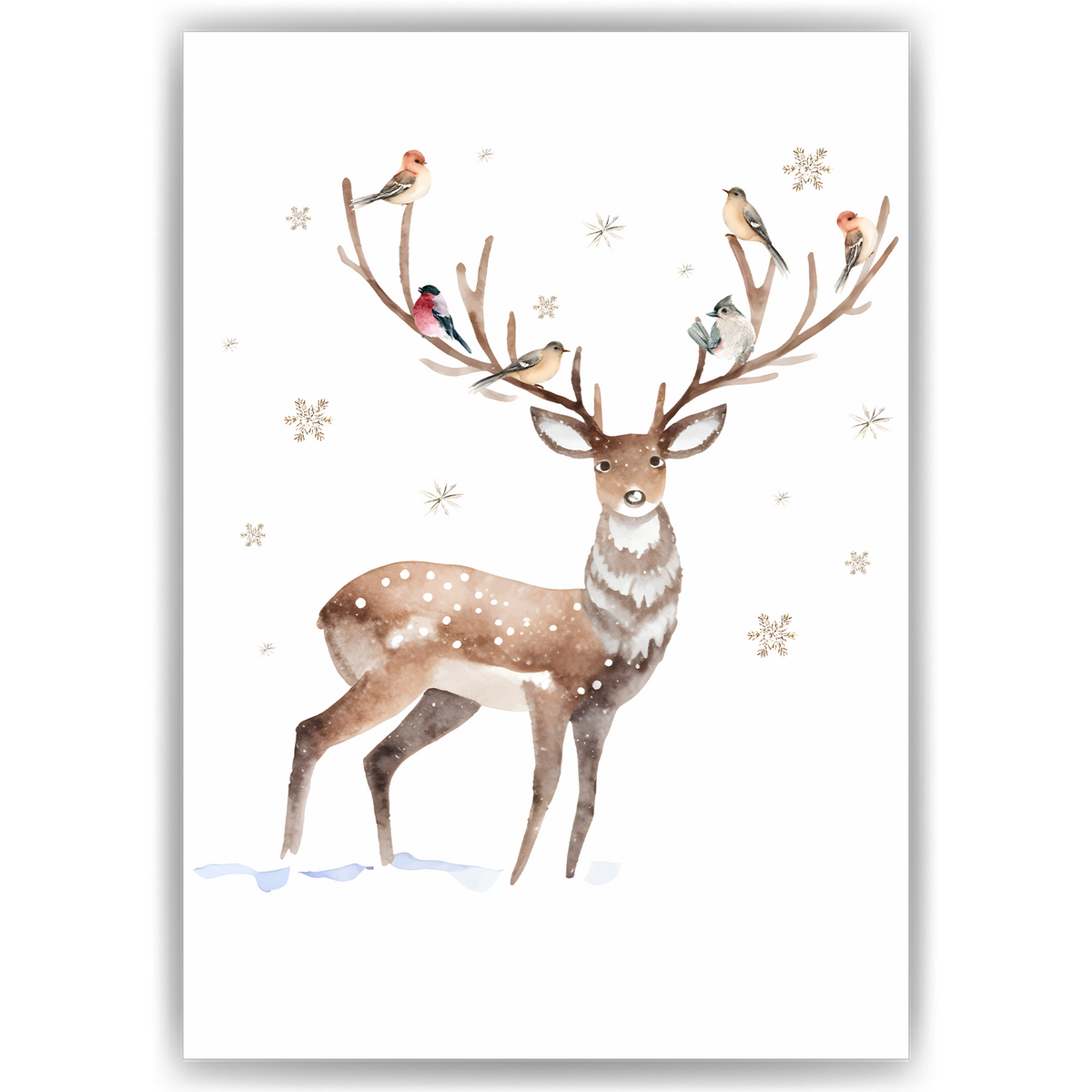 Niedlicher Hirsch Vogel Weihnachten DIN A4 Weihnachtsbild Weihnachtsposter Weihnachtsdeko Wandbild 1er Set