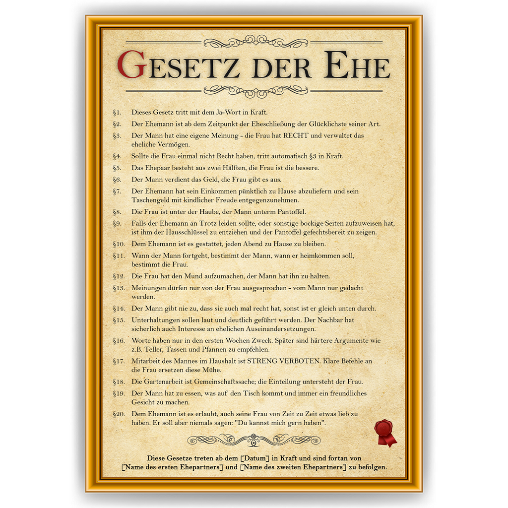 Personalisiertes Hochzeitsgeschenk Ehegesetz Poster lustiges Geschenk zur Hochzeit Karte Ehepaar Geschenkidee Hochzeitstag