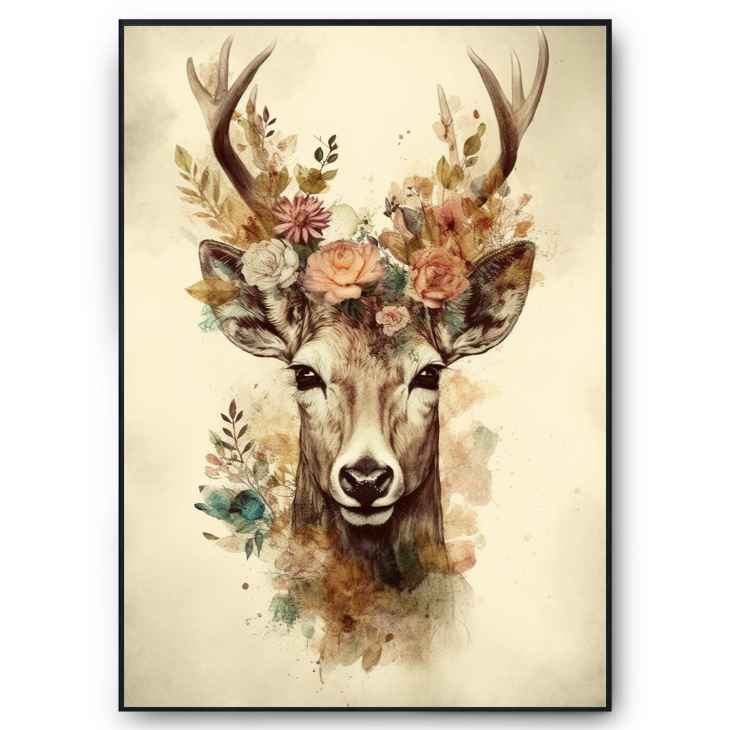 Hirsch Wandbild Blumen Kunstdruck Natur Wanddeko Hirsch Wandposter Wohnzimmer Schlafzimmer