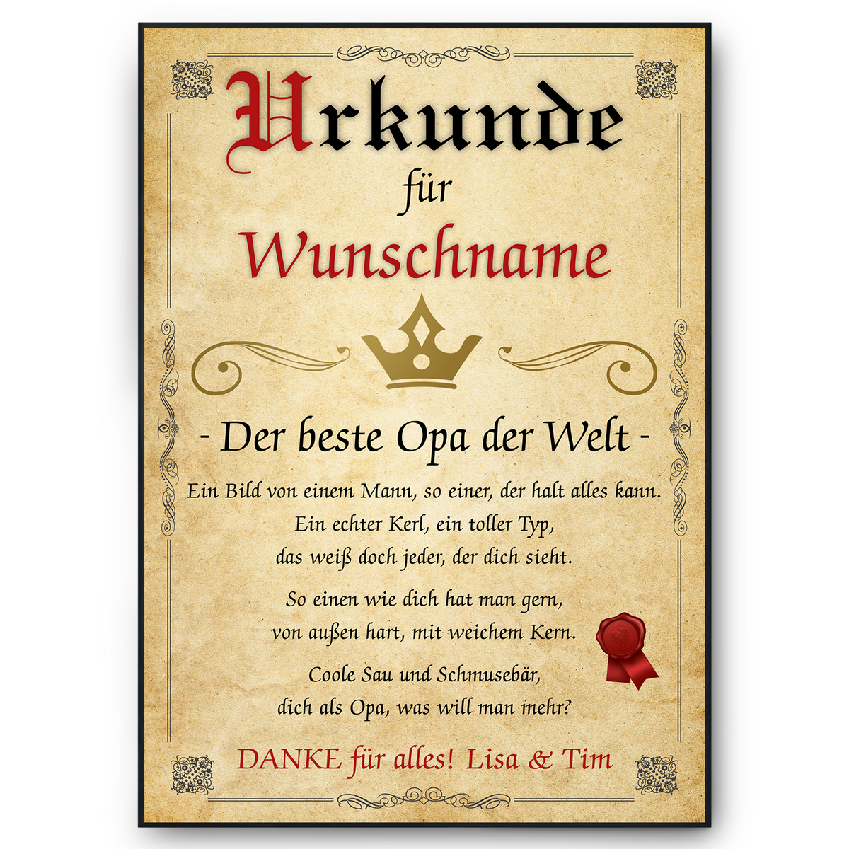 Bester Opa Urkunde personalisiert Opa persönliches Geschenk personalisierte Geschenkidee Opa Geburtstag
