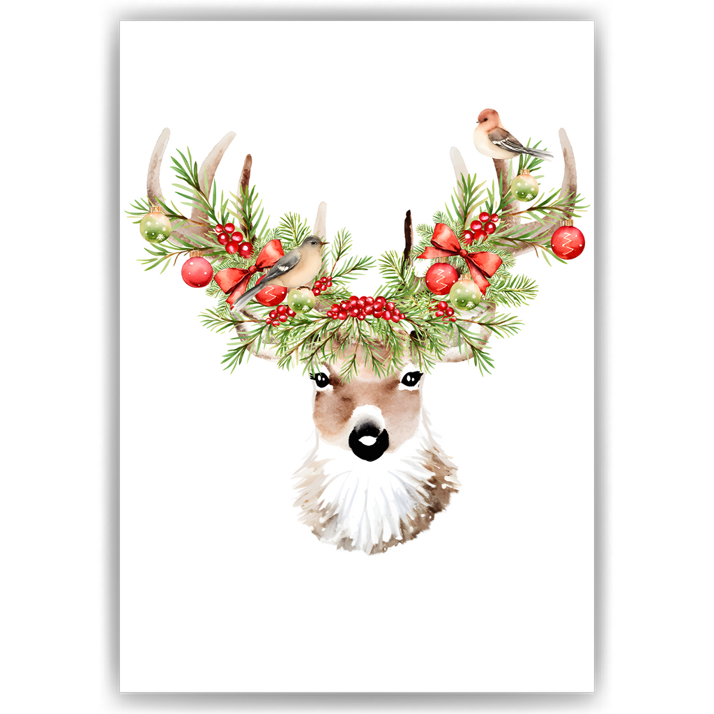 Hirsch Vogel Waldtiere Weihnachten DIN A4 Weihnachtsbild Weihnachtsposter Weihnachtsdeko Wandbild 1er Set