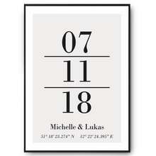 Laden Sie das Bild in den Galerie-Viewer, Partner Poster Personalisiert Koordinaten Datum Namen Jahrestag Geschenk zur Hochzeit
