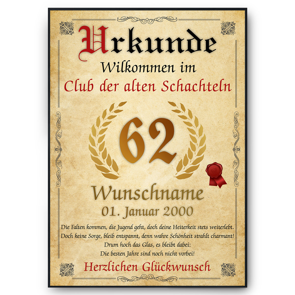 62. Geburtstag Urkunde personalisiert ALTE SCHACHTEL Geschenk Frau Geburtstagskarte Deko Bild