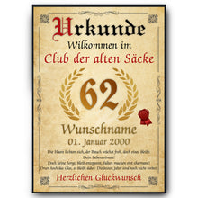 Laden Sie das Bild in den Galerie-Viewer, 62. Geburtstag Urkunde personalisiert ALTER SACK Geschenk Mann Club der alten Säcke Geburtstagskarte Deko Bild
