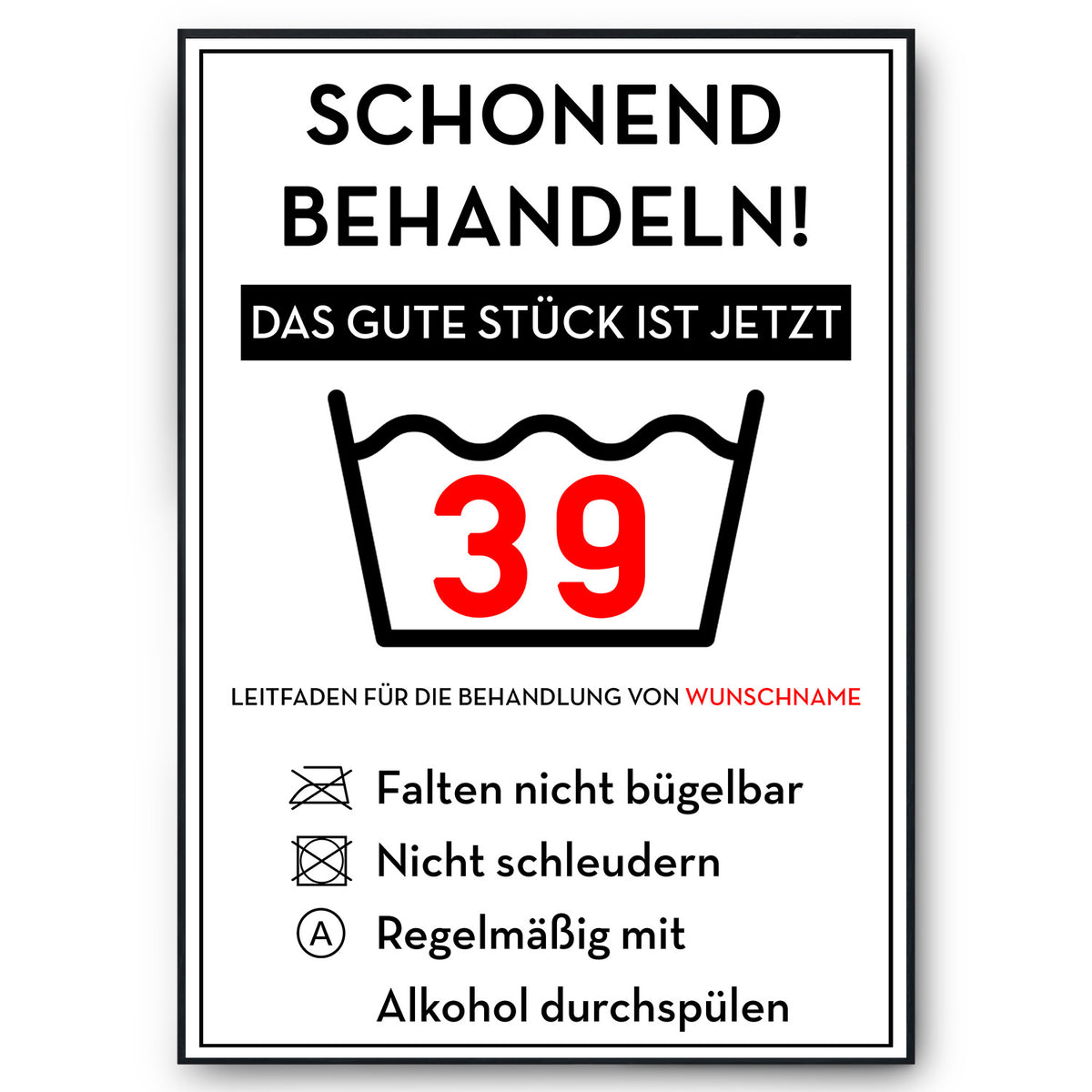 Schonend behandeln 39 Poster – lustiges Geschenk zum 39. Geburtstag, personalisiert mit Name