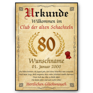 80. Geburtstag Urkunde personalisiert ALTE SCHACHTEL Geschenk Frau Geburtstagskarte Deko Bild