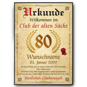 80. Geburtstag Urkunde personalisiert ALTER SACK Geschenk Mann Club der alten Säcke Geburtstagskarte Deko Bild