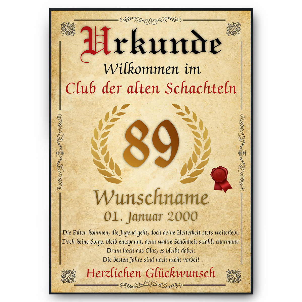 89. Geburtstag Urkunde personalisiert ALTE SCHACHTEL Geschenk Frau Geburtstagskarte Deko Bild