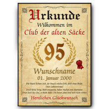 Laden Sie das Bild in den Galerie-Viewer, 95. Geburtstag Urkunde personalisiert ALTER SACK Geschenk Mann Club der alten Säcke Geburtstagskarte Deko Bild
