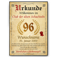 Laden Sie das Bild in den Galerie-Viewer, 96. Geburtstag Urkunde personalisiert ALTE SCHACHTEL Geschenk Frau Geburtstagskarte Deko Bild
