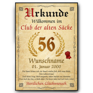 56. Geburtstag Urkunde personalisiert ALTER SACK Geschenk Mann Club der alten Säcke Geburtstagskarte Deko Bild