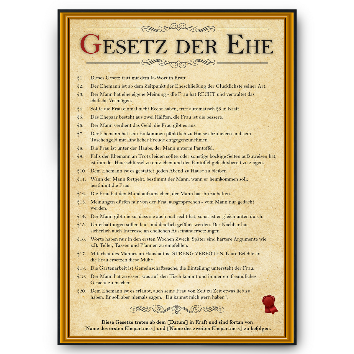 Personalisiertes Hochzeitsgeschenk Ehegesetz Poster lustiges Geschenk zur Hochzeit Karte Ehepaar Geschenkidee Hochzeitstag