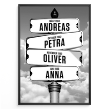 Laden Sie das Bild in den Galerie-Viewer, Personalisiertes Familienposter Straßenschild – Wegweiser Design mit Namen &amp; Geburtsdaten – Wandbild personalisiert – Geschenk für Familie, Eltern, Mama &amp; Papa
