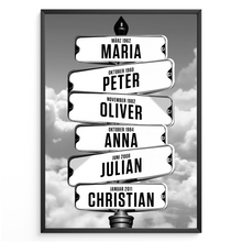 Laden Sie das Bild in den Galerie-Viewer, Personalisiertes Familienposter Straßenschild – Wegweiser Design mit Namen &amp; Geburtsdaten – Wandbild personalisiert – Geschenk für Familie, Eltern, Mama &amp; Papa
