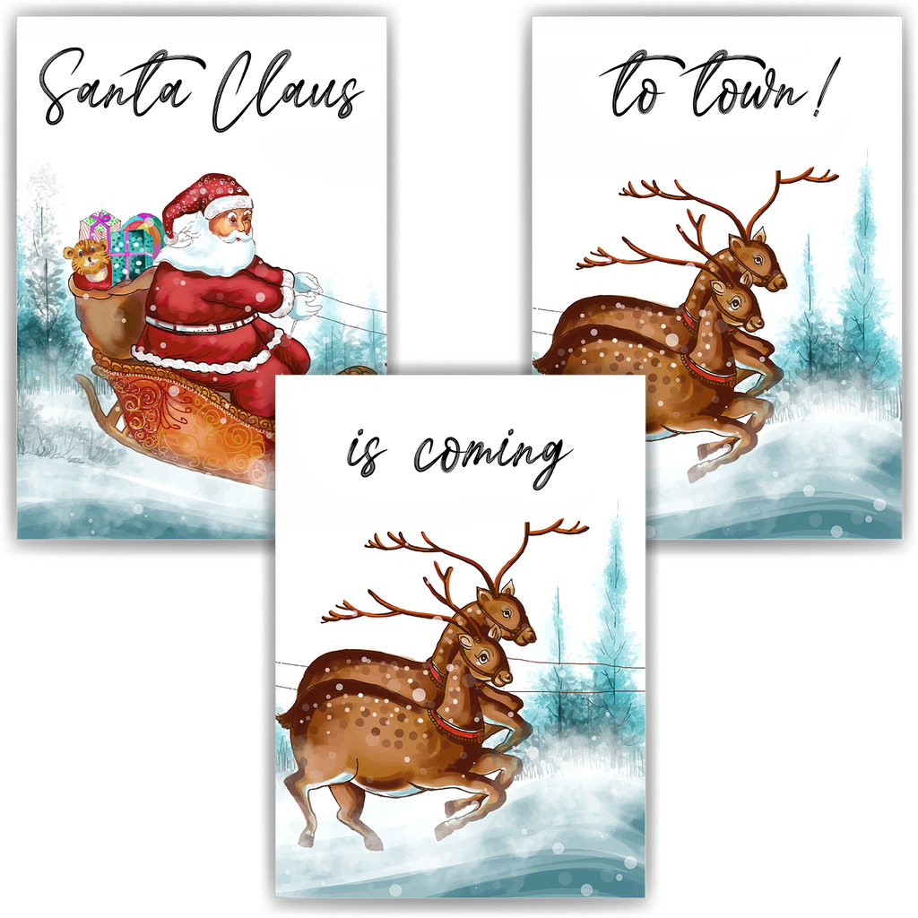 Santa Claus Rentier Weihnachten DIN A4 Weihnachtsbilder Weihnachtsposter Weihnachtsdeko Wandbilder 3er Set