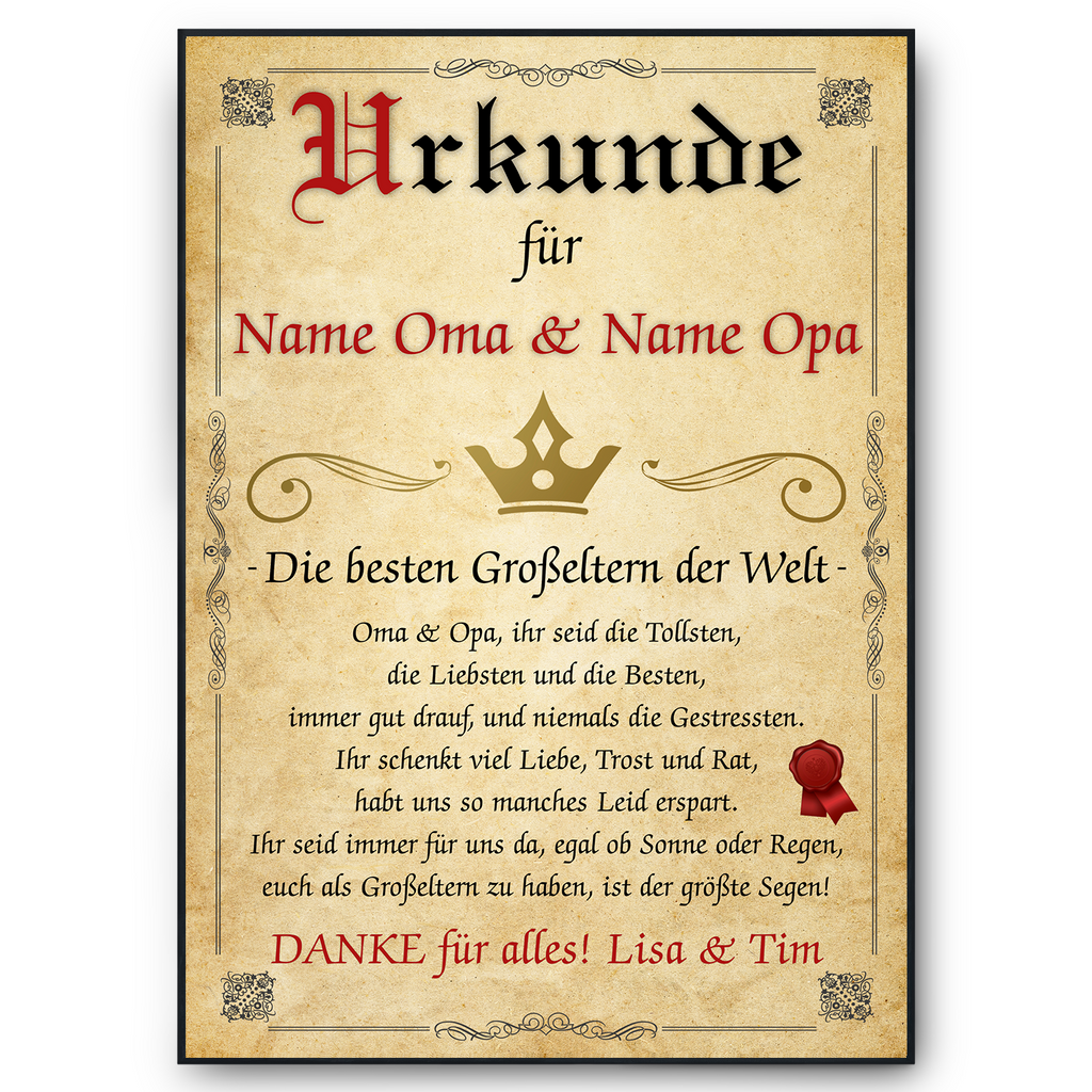 Beste Großeltern Urkunde personalisiert Oma Opa persönliches Geschenk personalisierte Geschenkidee Oma Opa