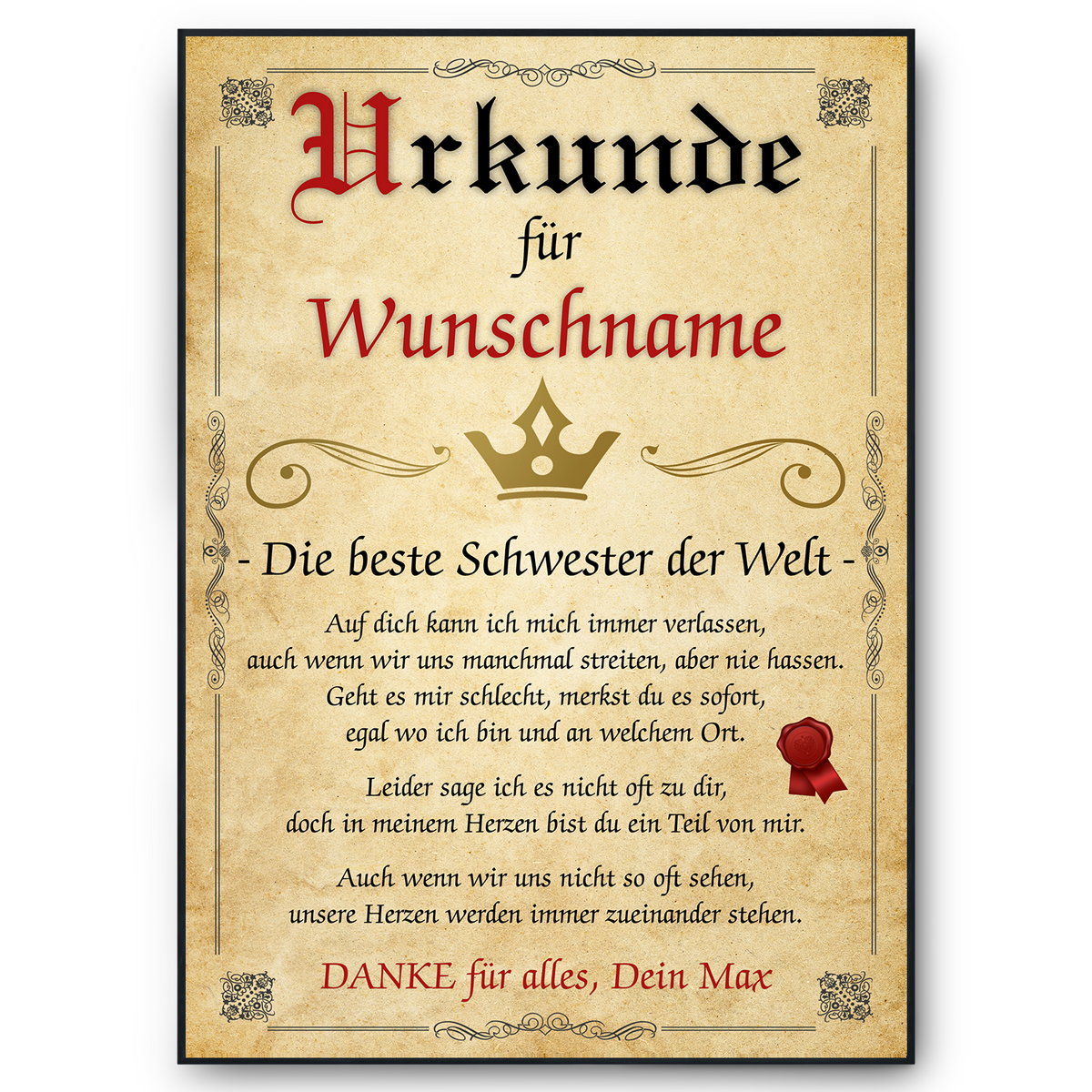 Beste Schwester Urkunde personalisiert Schwester persönliches Geschenk personalisierte Geschenkidee Schwester Geburtstag