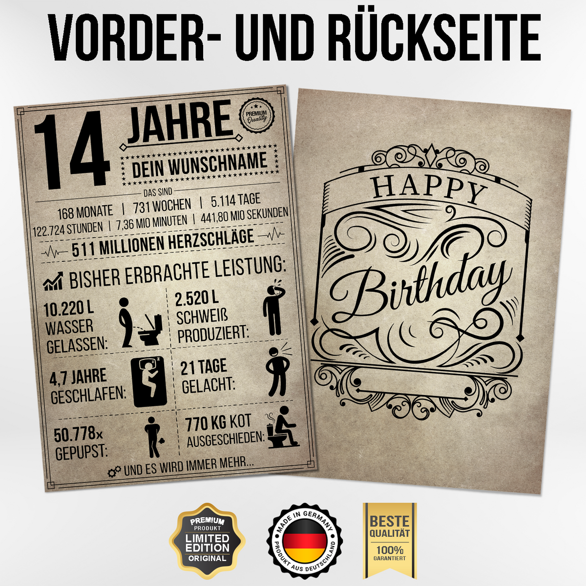 14 Jahre in Zahlen – lustiges Statistik Poster zum 14. Geburtstag, personalisiert mit Name