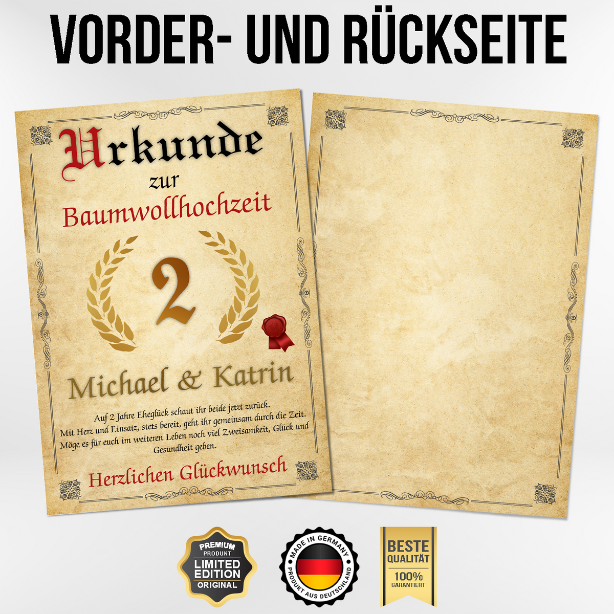 Urkunde zum 2. Hochzeitstag mit Namen – Baumwollhochzeit Geschenk, personalisiert