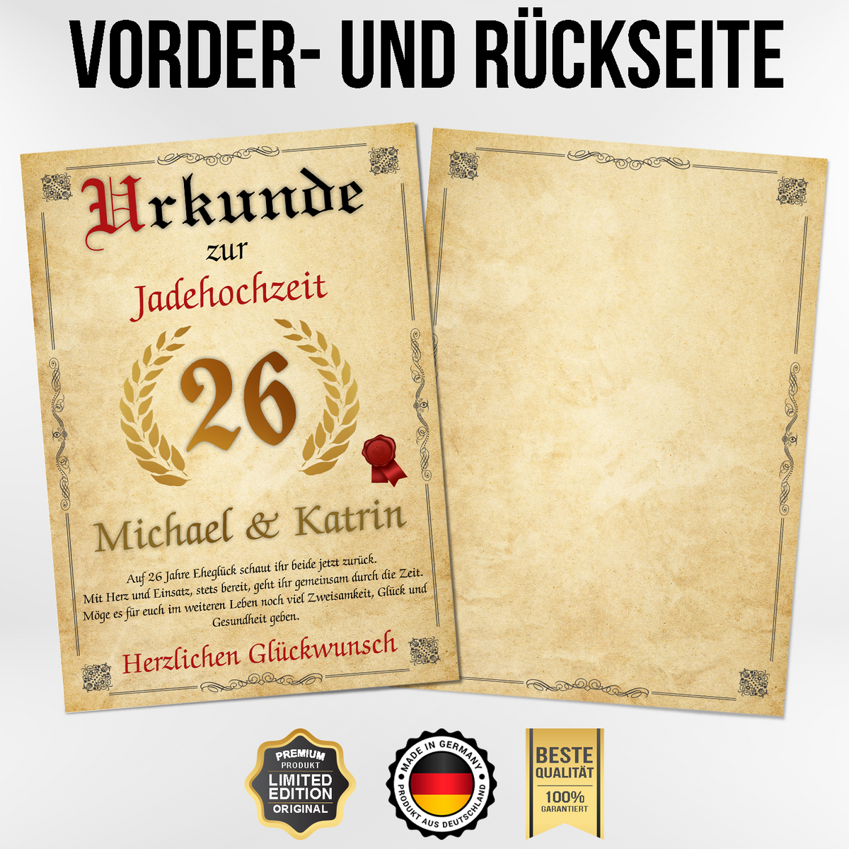 Urkunde zum 26. Hochzeitstag mit Namen – Jadehochzeit Geschenk, personalisiert