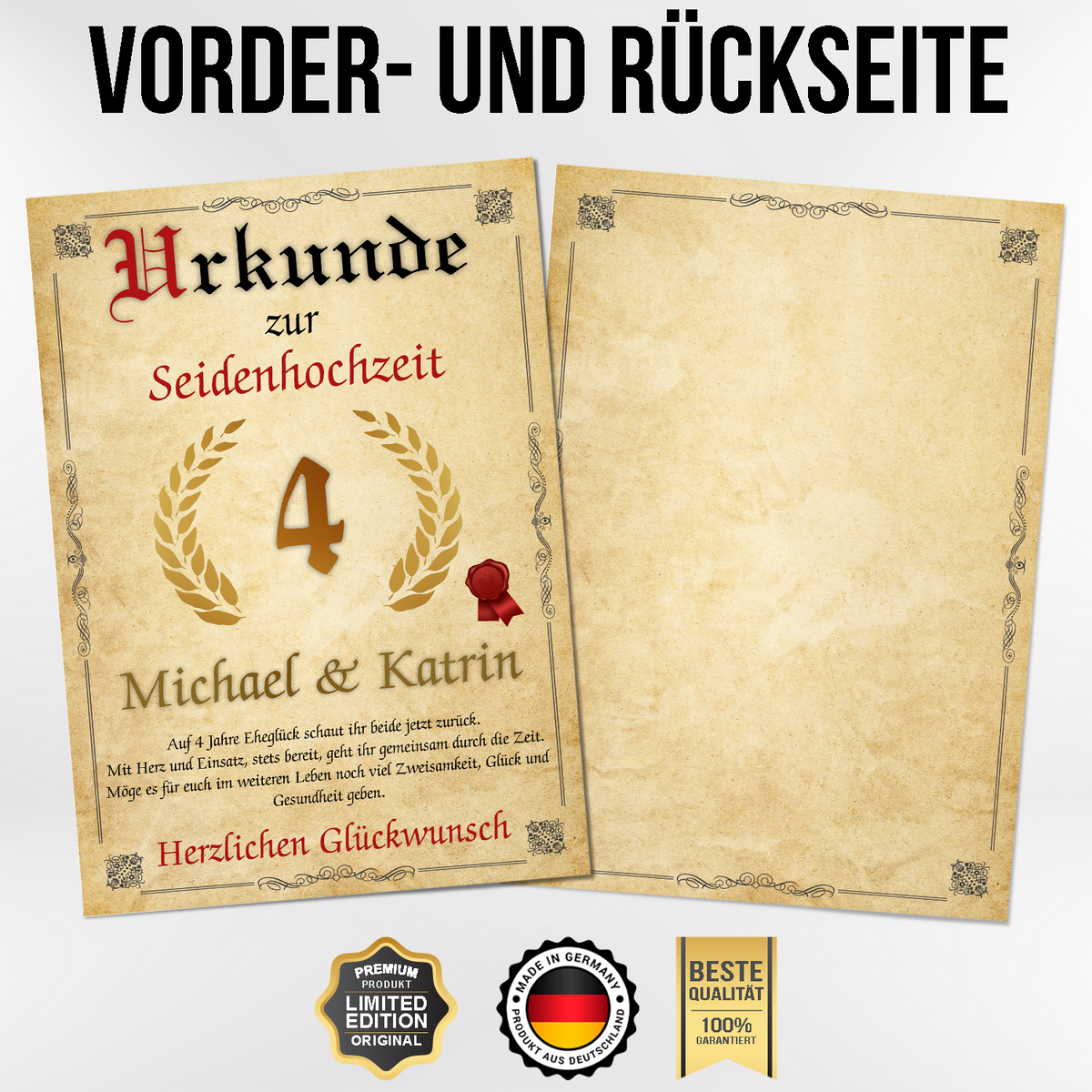 Urkunde zum 4. Hochzeitstag mit Namen – Seidenhochzeit Geschenk, personalisiert