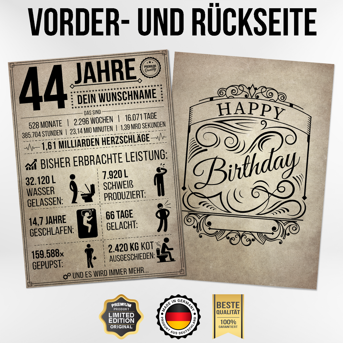 44 Jahre in Zahlen – lustiges Statistik Poster zum 44. Geburtstag, personalisiert mit Name