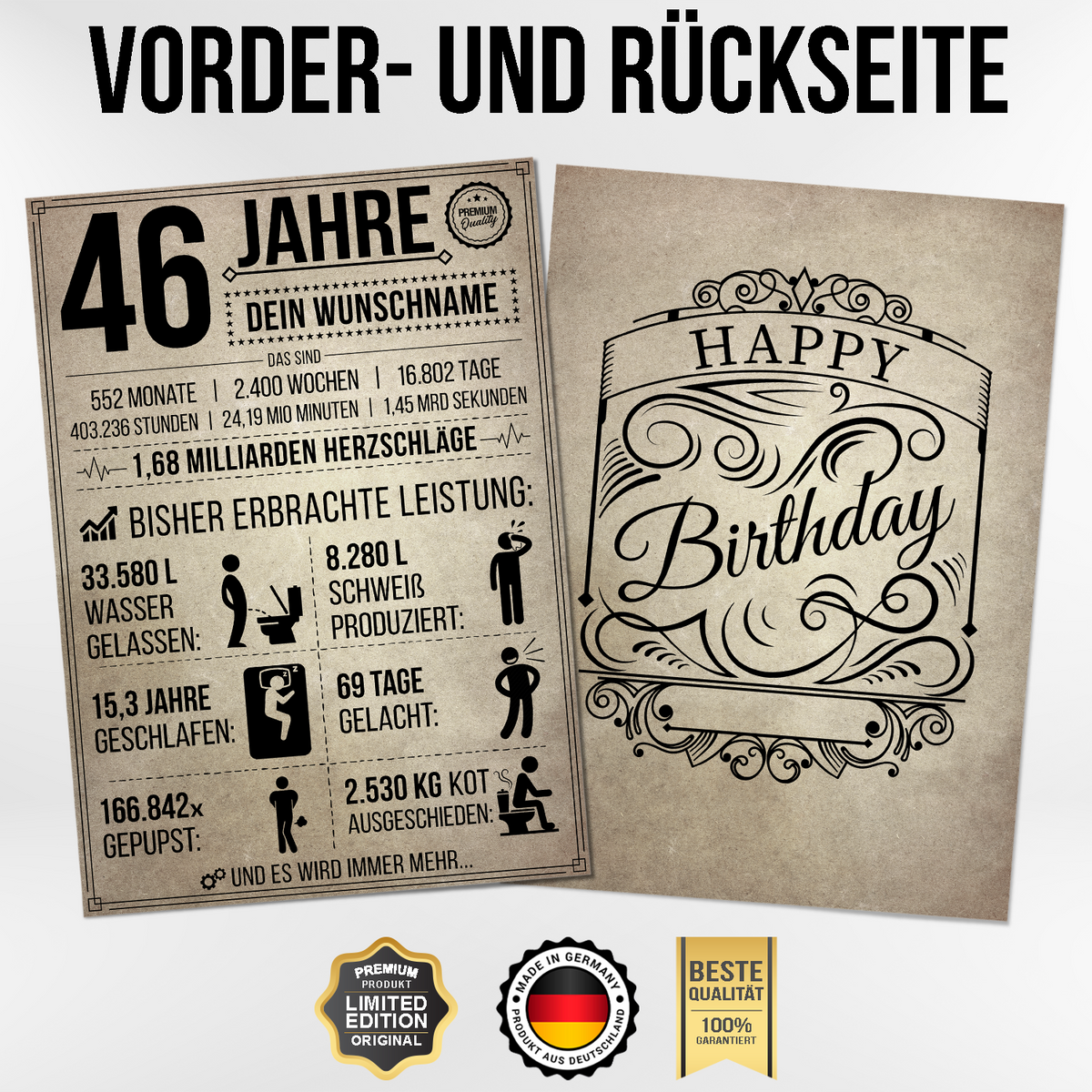46 Jahre in Zahlen – lustiges Statistik Poster zum 46. Geburtstag, personalisiert mit Name