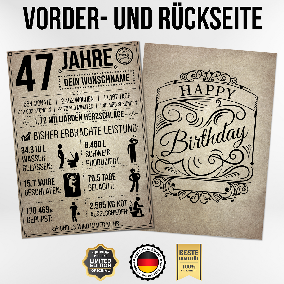 47 Jahre in Zahlen – lustiges Statistik Poster zum 47. Geburtstag, personalisiert mit Name