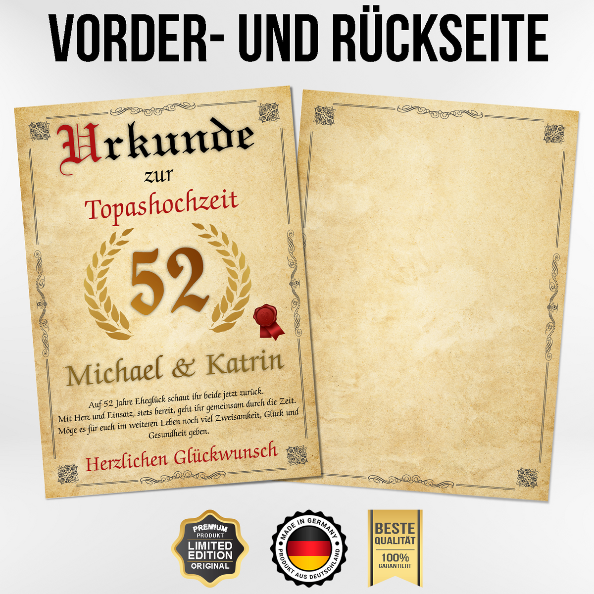 Urkunde zum 52. Hochzeitstag mit Namen – Topashochzeit Geschenk, personalisiert