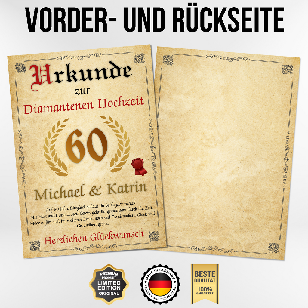 Urkunde zum 60. Hochzeitstag mit Namen – Diamantene Hochzeit Geschenk, personalisiert
