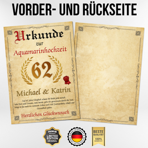 Personalisierte Urkunde zum 62. Hochzeitstag Geschenk Aquamarinhochzeit Karte 62. Jahrestag