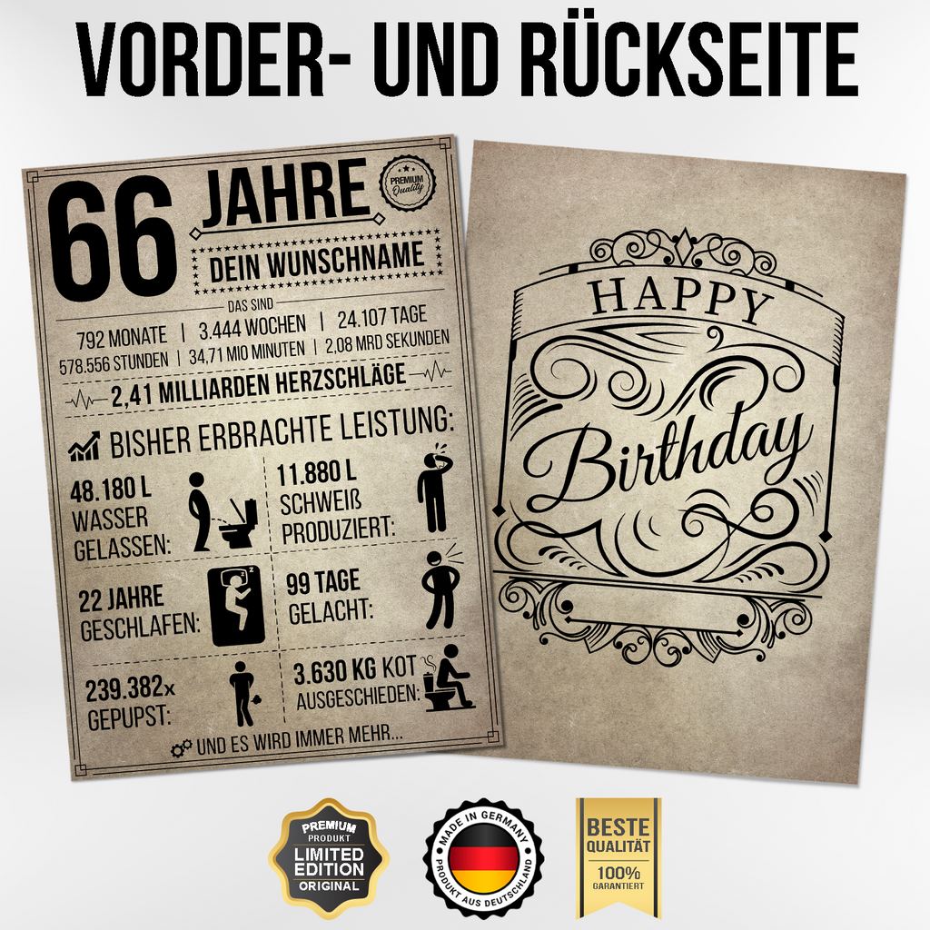 66 Jahre in Zahlen – lustiges Statistik Poster zum 66. Geburtstag, personalisiert mit Name