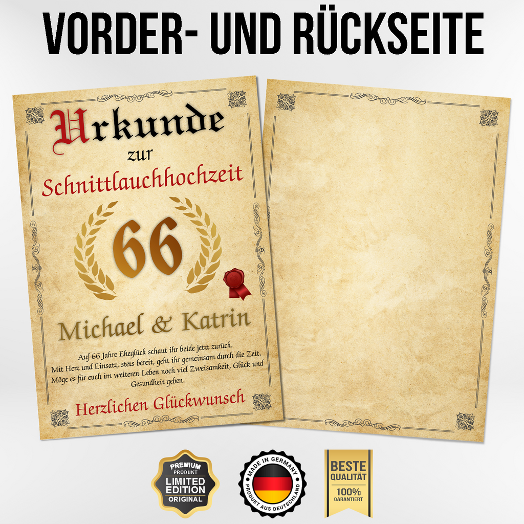 Urkunde zum 66. Hochzeitstag mit Namen – Schnittlauchhochzeit Geschenk, personalisiert
