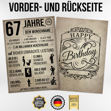 Laden Sie das Bild in den Galerie-Viewer, 67. Geburtstag Geschenk | 67 Jahre Geburtstagsgeschenk personalisiert | Jahrgang 1957 Geschenkidee Geburtstagskarte
