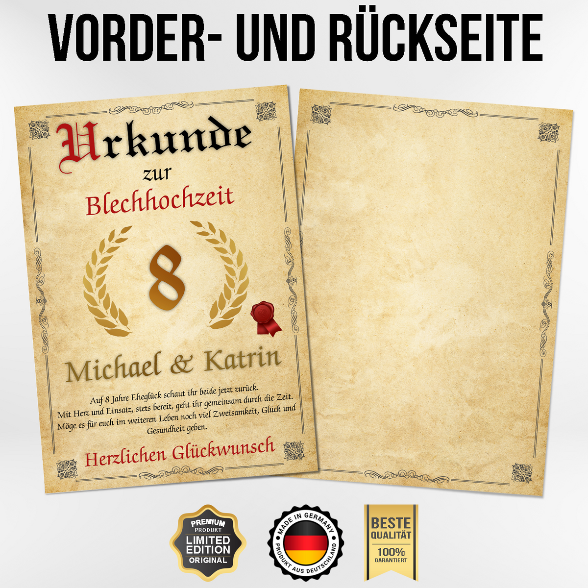 Urkunde zum 8. Hochzeitstag mit Namen – Blechhochzeit Geschenk, personalisiert