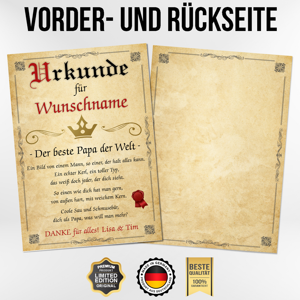 Bester Papa Urkunde personalisiert Vater persönliches Geschenk personalisierte Geschenkidee Papa Geburtstag Karte
